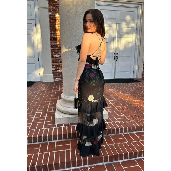 Lulus True to Heart Floral Embroidered Sheer Maxi Dress Black Tiered Ruffle Sm - Picture 2 of 16